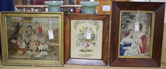 Three framed needlework pictures, largest 38 x 33cm